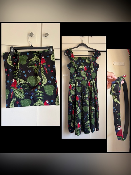Collectif Dresses & Skirts - Collectif Black Dress Tropical Print Parrots UK 10 US Small Matching tote & belt